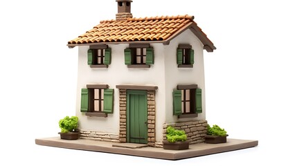 Charming miniature white house with green shutters and terracotta roof