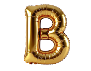 A shiny gold metallic letter "B" balloon floats against a black backdrop