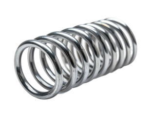 A chrome-colored coil spring against a dark background, in a close-up shot