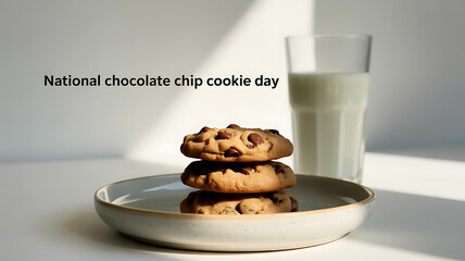 Stack of chocolate chip cookies on a plate with a glass of milk, celebrating National Chocolate Chip Cookie Day