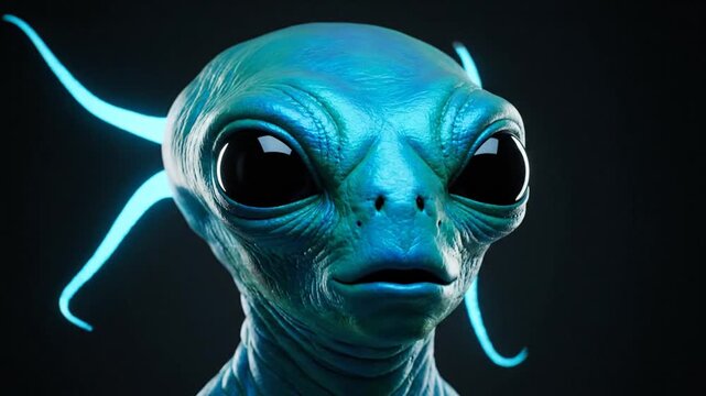 Close up of a blue alien creature with glowing tendrils against a dark backdrop