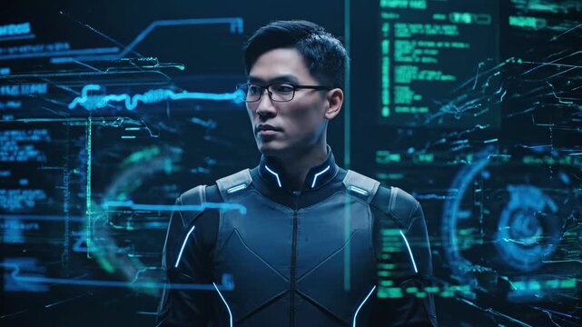A focused Asian man in a high-tech suit stands amidst a complex holographic interface, showcasing future technology.