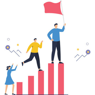 Flat vector style illustration of business leader planting flag on top of red progress bars while team climbs steps of startup achievement stock illustration