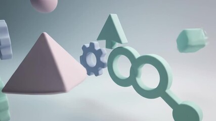 Abstract 3D shapes and icons float in a clean digital space. Ideal for technology, data, business, and innovation concepts, offering a modern visual. - Powered by Adobe