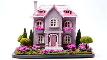 Charming miniature pink house with garden and flowers on white background