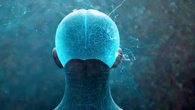 Human head viewed from behind glowing blue digital brain network neural connections circuits intelligence mind mapping cyber neuroscience visualization