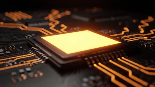 A captivating close-up view of an advanced, dark circuit board, prominently featuring a central, glowing yellow processor radiating intense light. Intricate orange electronic pathways illuminate the s