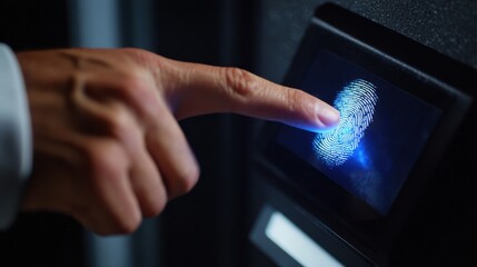 Medium shot of a professional placing their finger on a fingerprint scanner at a secure entry showcasing advanced biometric access technology.