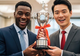 Two successful male professionals proudly display a silver achievement award adorned with a red ribbon