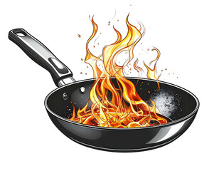A frying pan ablaze with stylized flames on a black background