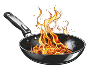 A frying pan ablaze with stylized flames on a black background