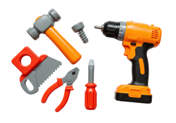 Children's colorful plastic construction toy tools in a flat lay on a white background with copy space. Concept of developmental play and learning