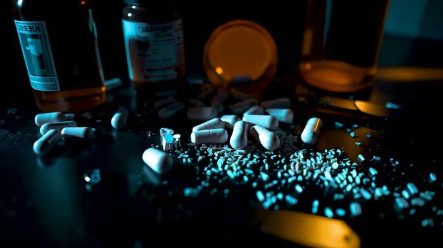 Scattered white pills capsules tablets prescription bottles alcohol liquor dark table drug abuse addiction overdose danger pharmaceutical mix