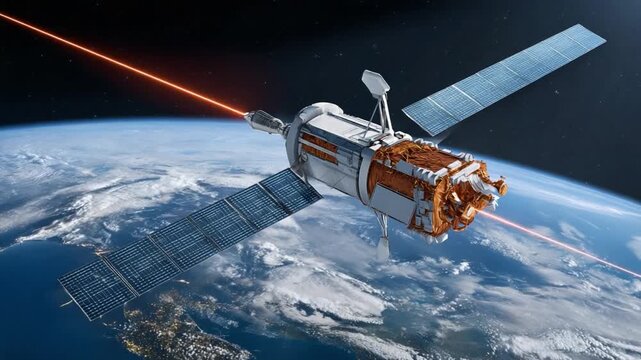 Satellite Orbiting Earth: A futuristic satellite glides in orbit around the Earth, symbolizing the cutting edge of technological advancement and global communication.