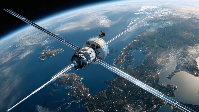 Celestial Sentinel: A detailed satellite orbits the Earth, a symbol of human ingenuity and exploration of the cosmos.