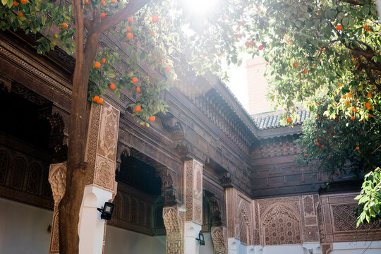 Orange trees inside the garden courtyard of Bahia Palace, Marrakech, Morocco.