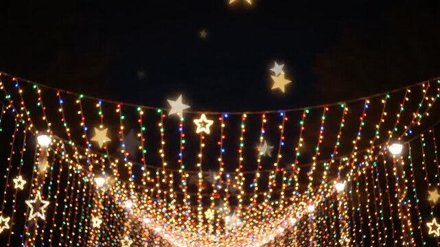 Decorative string lights and star shaped lights at night in a dark sky