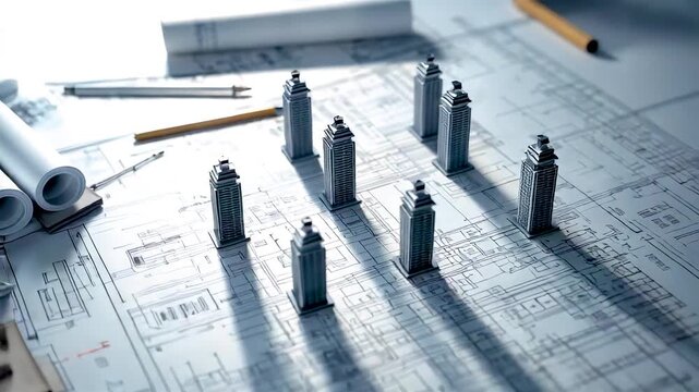 Small toy figures standing on architectural blueprint plans with rolled drawings pencil ruler engineering design workspace