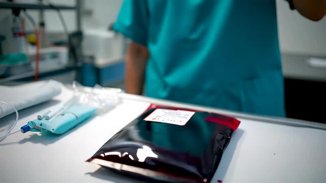 Surgeon in teal scrubs preparing blood bag transfusion kit medical procedure hospital operating room setup sterile environment
