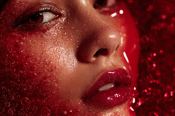 Close-up beauty portrait with glossy red lips, dewy skin, shimmering droplets and suspended bubbles — dramatic makeup texture, sensual glamour and artful detail
