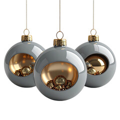 Three hanging, grey ornaments with a golden interior and accents
