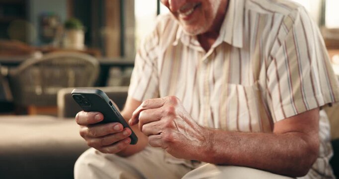 Hands, senior man and phone at house for browsing website, social media and message update. Smile, elderly person and mobile app for reading blog, download games and notification for online texting