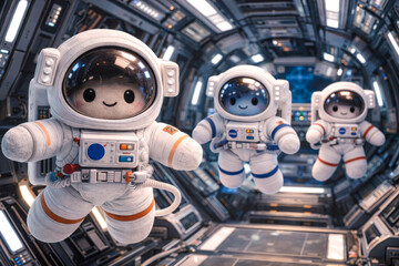 Plush astronauts float inside a futuristic spaceship corridor, bright lights, reflective helmets and detailed suits showing teamwork, exploration spirit and joyful zero-gravity adventure.