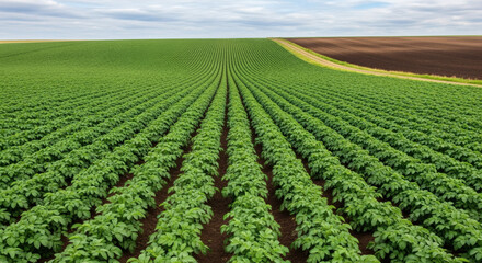 Lush rows of vibrant green crops stretch toward the horizon under a cloudy sky, showcasing agriculture's beauty