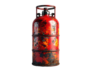 Red, weathered metal gas cylinder with a valve and handle on black