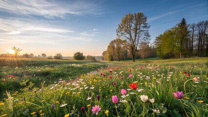 Fototapeta premium Sunlit spring meadow with flowering plants and blue sky, suited for seasonal backgrounds