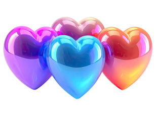 Vivid, glossy, 3D hearts in shades of purple, blue, pink, and orange