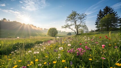 Obraz premium Sunlit spring meadow with flowering plants and blue sky, suited for seasonal backgrounds