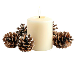 Lit candle with pinecones, creating a serene, festive arrangement