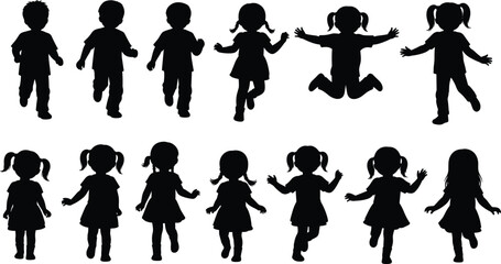Obraz premium Silhouette of playful young children walking, running and jumping in various poses expressing joy, movement and carefree childhood energy