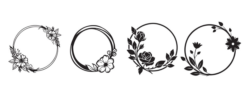 Floral Circle Frame Set Black and White Elegant Botanical Wreath Designs