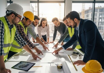 Diverse construction team members collaborate pointing at building blueprints spread across a large table