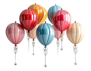 Group of elegant, glossy, colorful hot air balloons on a black background