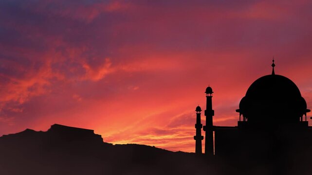 Peaceful Eid al-Fitr Evening with Mosque Silhouette and Sunset Sky
