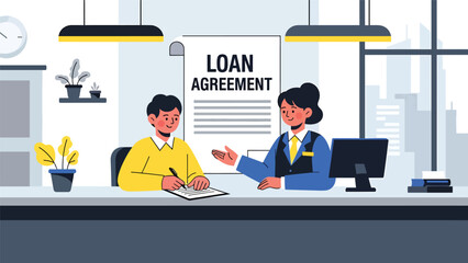 Flat vector illustration of customer signing loan agreement with bank officer at service desk, representing credit approval, lending process, banking consultation, and financial compliance