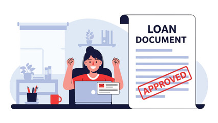 Flat vector illustration of approved loan document with person celebrating at laptop, symbolizing credit approval success, personal finance relief, online lending, and financial achievement