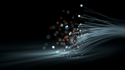 Fiber optic cables with glowing light particles on dark background, high speed data transmission and network communication technology concept