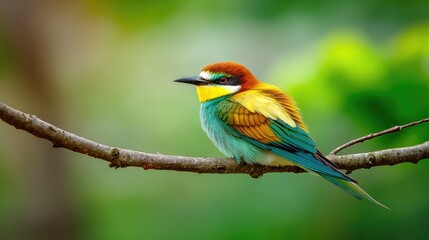 Obraz premium Colorful European Bee-eater Perched on a Branch Against a Soft Green Background in Nature Wildlife Setting