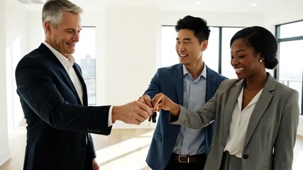 Key Exchange Ceremony: A pivotal moment unfolds as a diverse trio, representing a successful business deal, exchange keys. Symbolic of trust, ownership, and new beginnings.