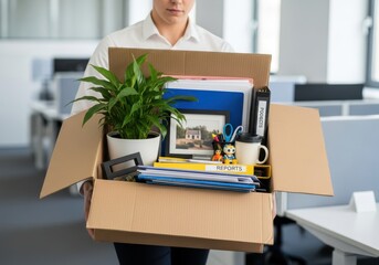 Employee carries personal belongings in a cardboard box while leaving the workplace