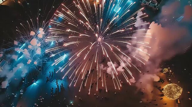 An aerial view captures spectacular fireworks exploding in vibrant blues and whites over a festive crowd celebrating at night.