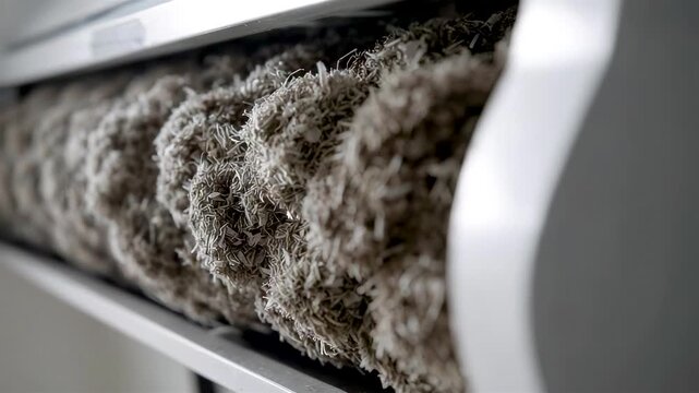 Fluffy gray lint and dust accumulated on rotating cylindrical brush inside modern vacuum cleaner roller mechanism