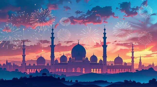 A magnificent mosque is silhouetted against a vivid sunset sky, illuminated by celebratory fireworks, depicting an enchanting Islamic festival scene.