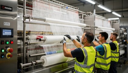 Medium framing of workers positioning nylon yarn beams onto creels emphasizing the hightech atmosphere and precision involved in preparing strands for industrial narrow looms.