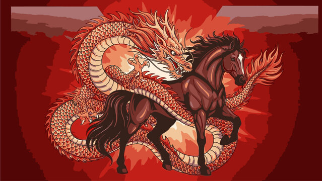 Illustration of a horse and dragon in a fiery, red background with flames and sparks, depicting kuda chine's day in a mythical scene.