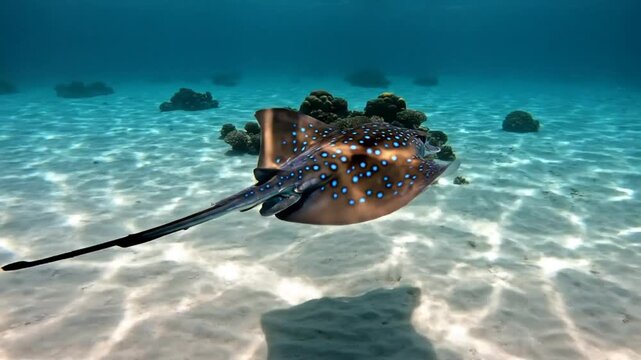 Graceful blue spotted stingray gracefully gliding underwater near coral and sandy ocean floor, serene marine life